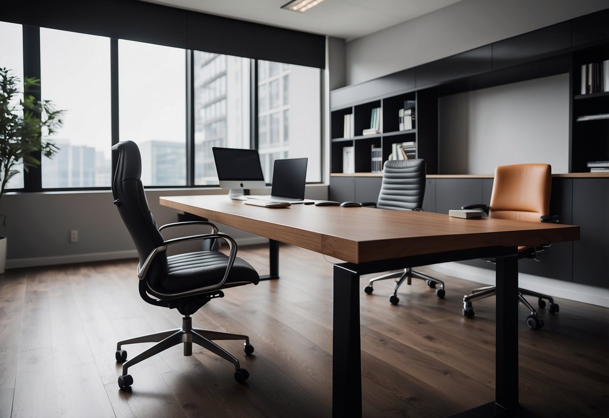 A sleek, minimalist desk with a matching ergonomic chair, surrounded by modular storage units and a contemporary conference table