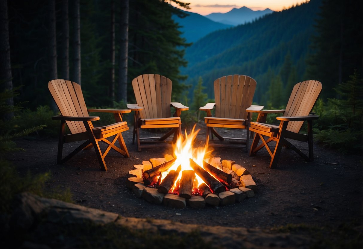 Five camping chairs arranged around a campfire, with a backdrop of a serene forest. Each chair is made of durable materials and designed for maximum comfort