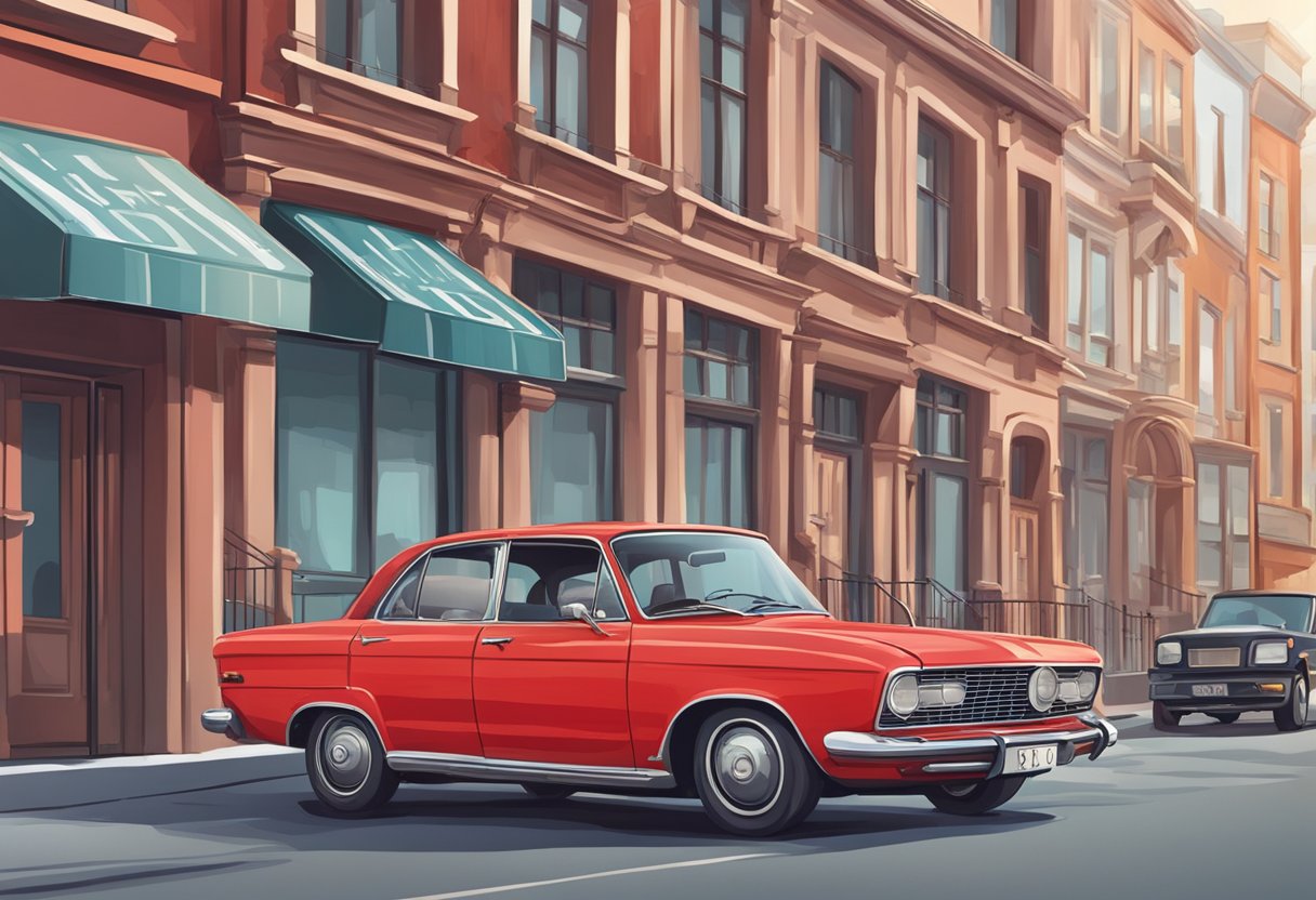 A red car with the license plate "LIP" parked in a city street