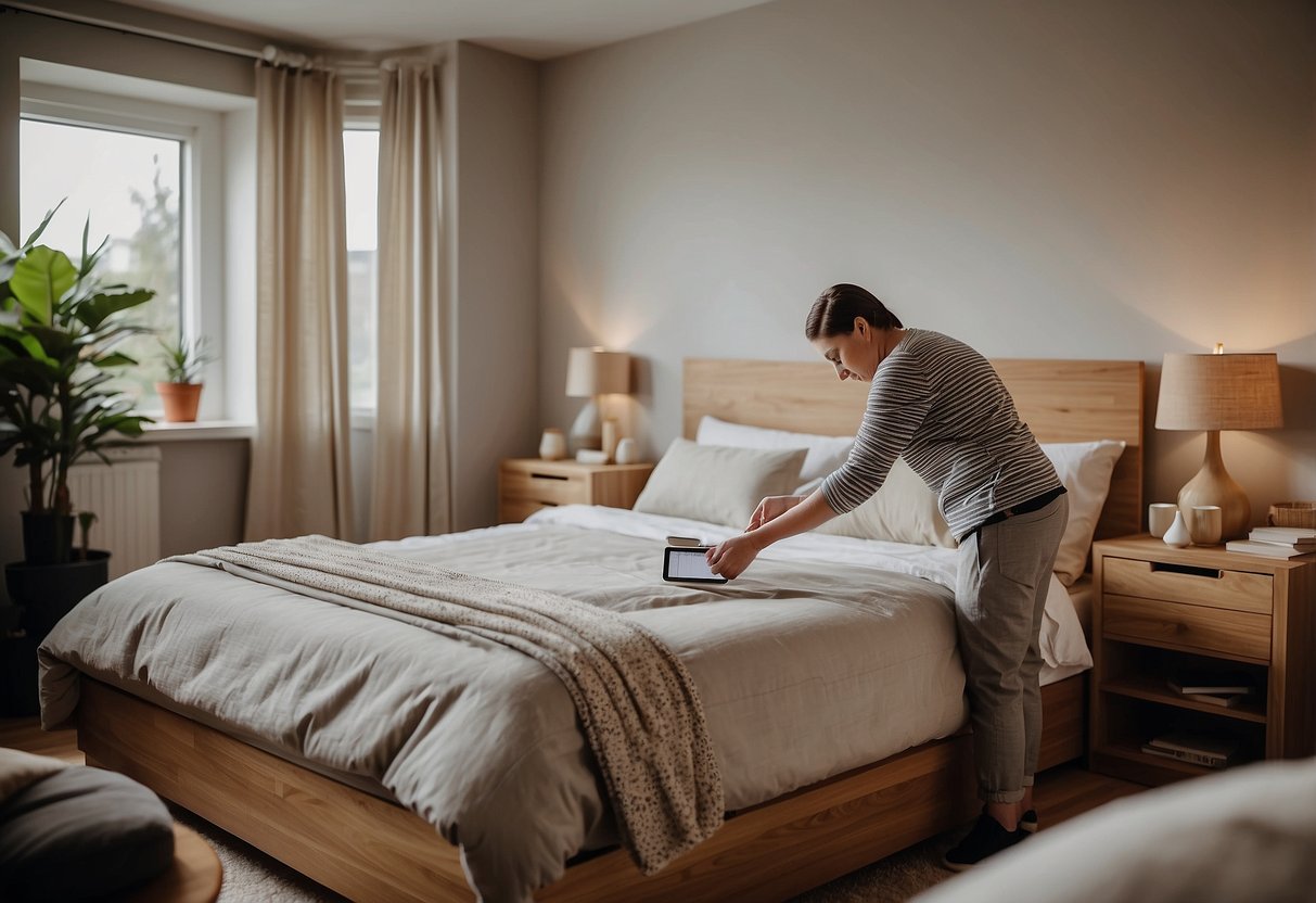 A person arranging bedroom furniture, measuring dimensions for style and functionality