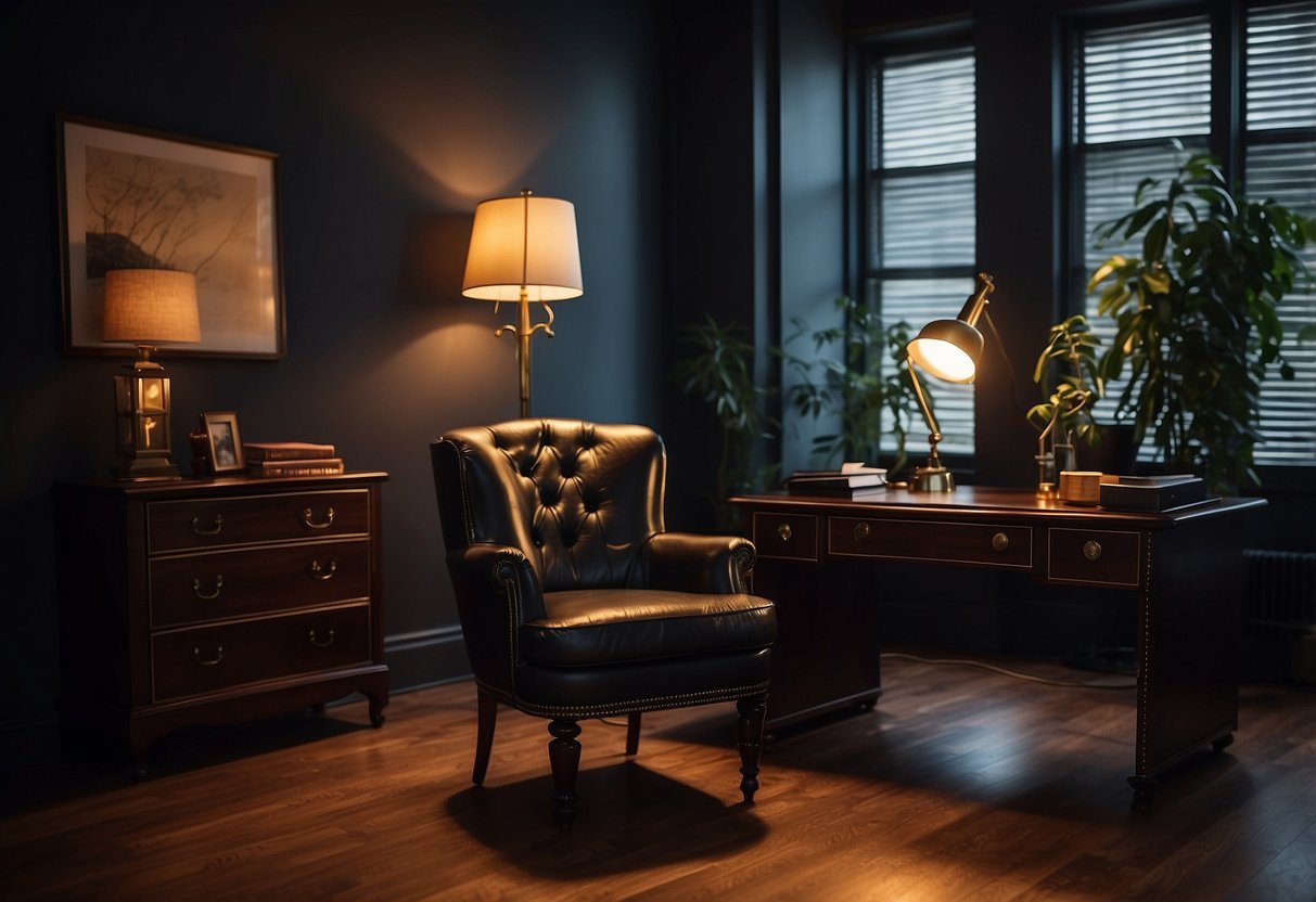 A dimly lit room with vintage noir furniture, including a sleek leather armchair, a mahogany desk, and a brass floor lamp