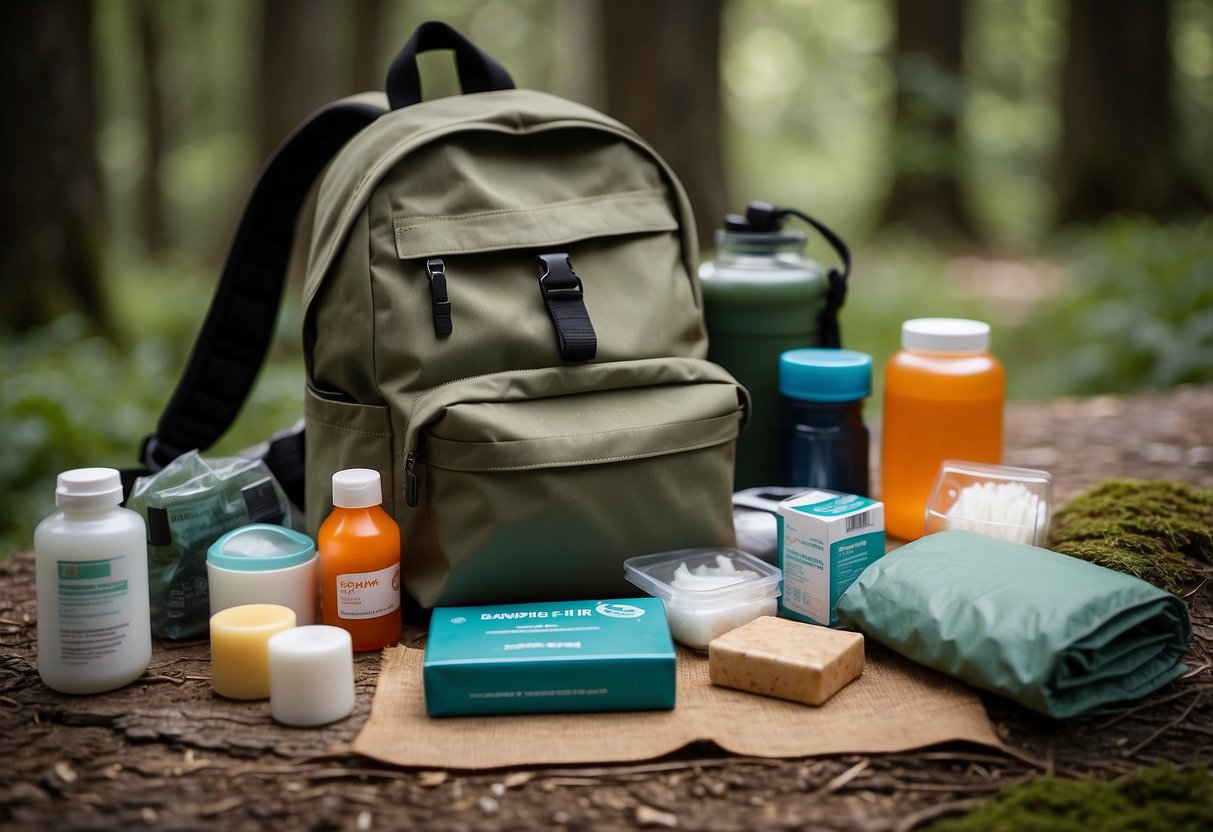 A camping scene with a backpack open, displaying first aid items: bandages, antiseptic wipes, scissors, tweezers, adhesive tape, gloves, pain relievers, and a first aid manual