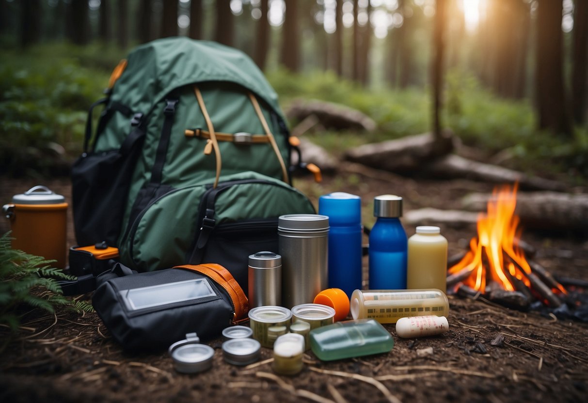 A camping scene with a tent, campfire, backpack, flashlight, map, compass, water bottle, first aid kit, and Band-Aid Adhesive Bandages