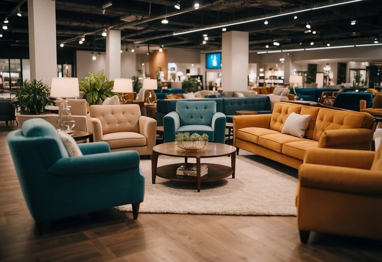 A spacious home furniture store with rows of neatly arranged sofas, tables, and chairs. Bright lighting and a clean, modern aesthetic create an inviting atmosphere