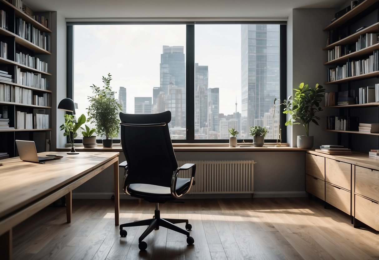 A sleek, minimalist desk with a matching ergonomic chair. A contemporary bookshelf and abstract artwork adorn the walls. The room is bathed in natural light from large windows, creating a bright and inviting workspace