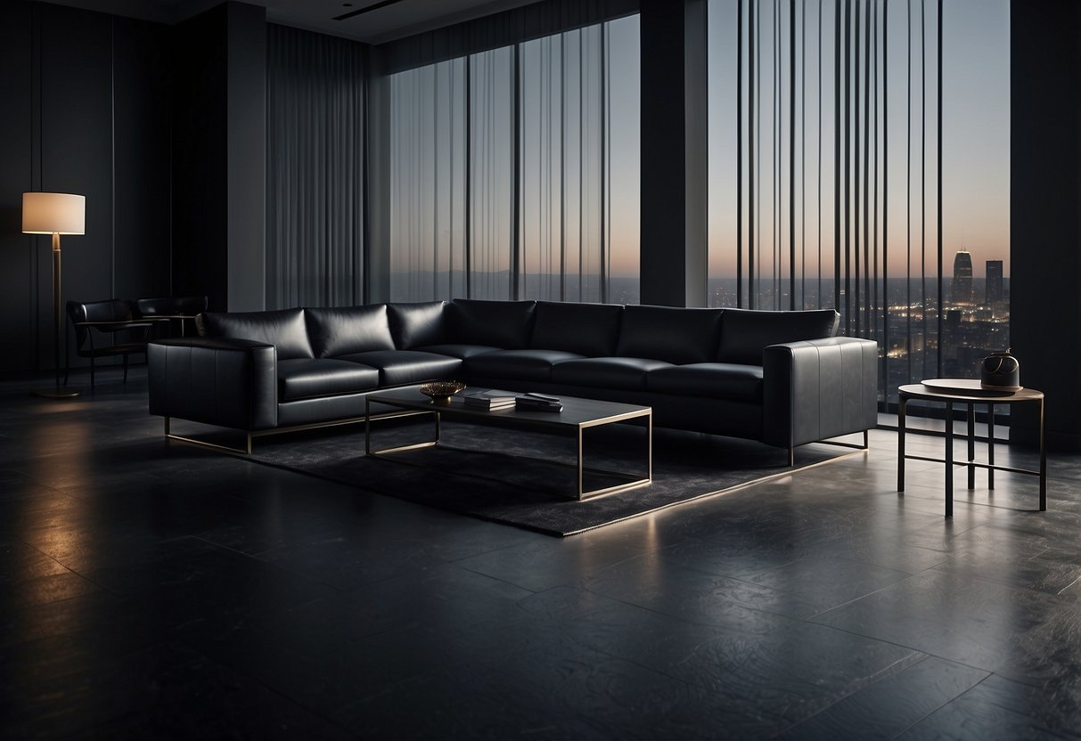 A dimly lit room with sleek, black furniture and metallic accents. Shadows cast dramatic lines across the minimalist design, evoking a sense of mystery and sophistication