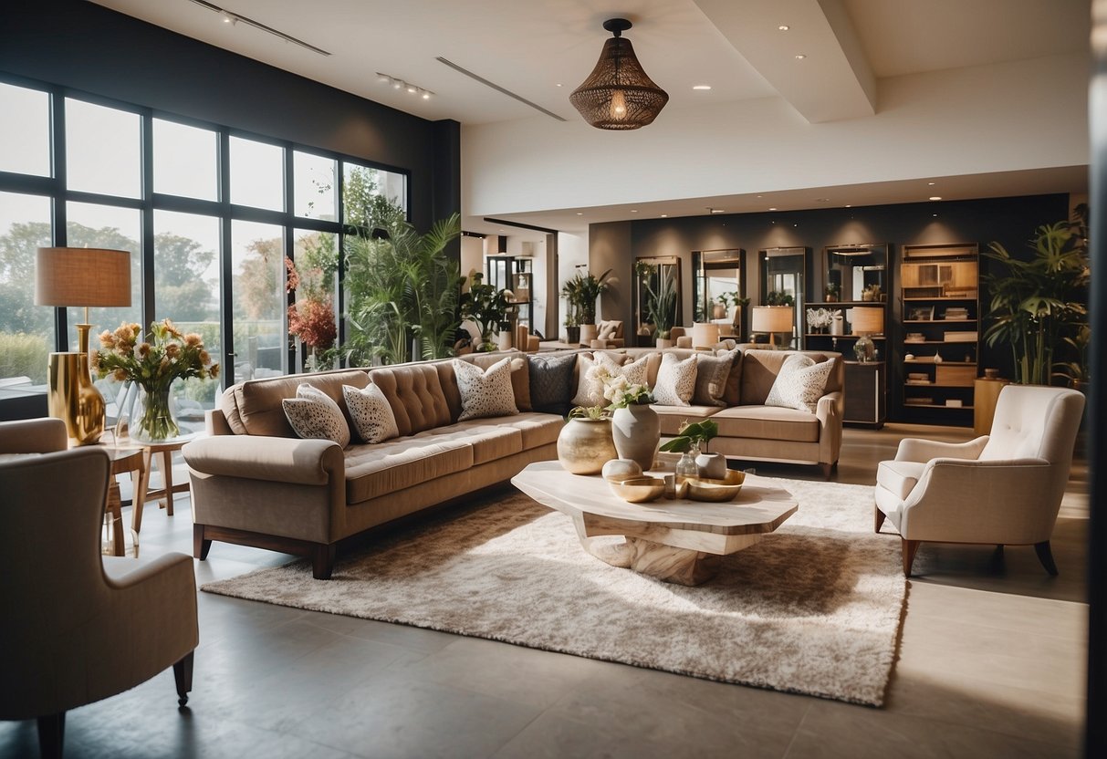 The showroom is filled with stylish furniture displays, bathed in natural light. The cozy atmosphere invites customers to explore the wide selection of home furnishings