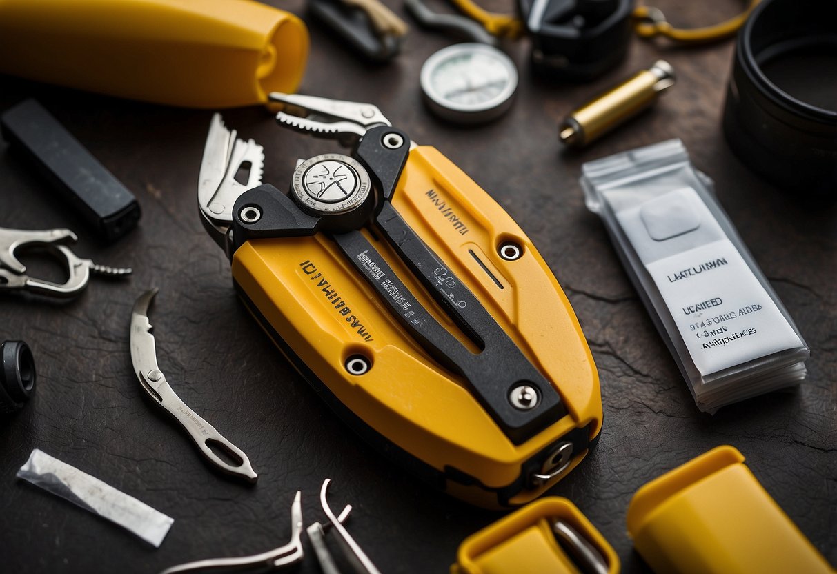 A Leatherman Signal multi-tool sits next to 10 essential first aid items for camping, including bandages, antiseptic wipes, and tweezers