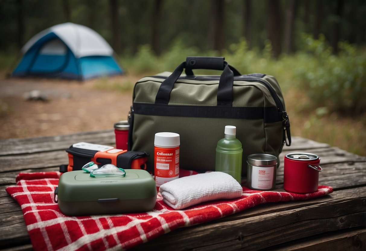 A camping scene with a Coleman Survival Blanket and 10 first aid items laid out on a rustic wooden table