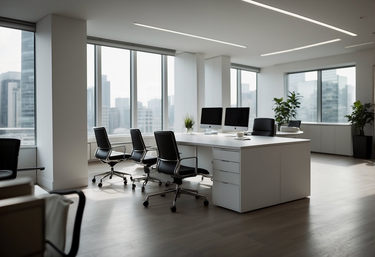 A sleek, minimalist executive office with ergonomic chairs, adjustable desks, and modular storage units. Clean lines, neutral colors, and modern design elements create a professional and functional workspace