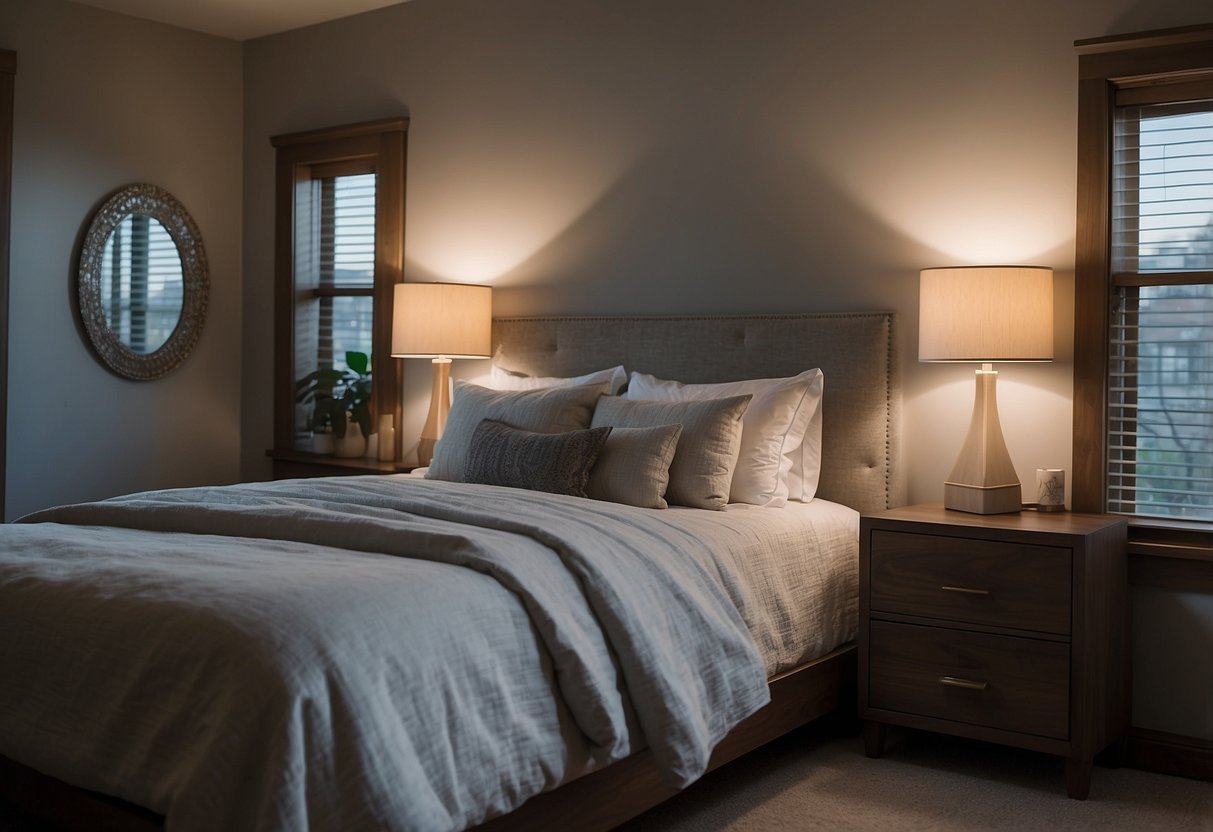 Furniture lines the walls of a long narrow bedroom, with a bed against one wall and a dresser against the other. A small nightstand sits next to the bed, and a mirror hangs on the wall above the dresser
