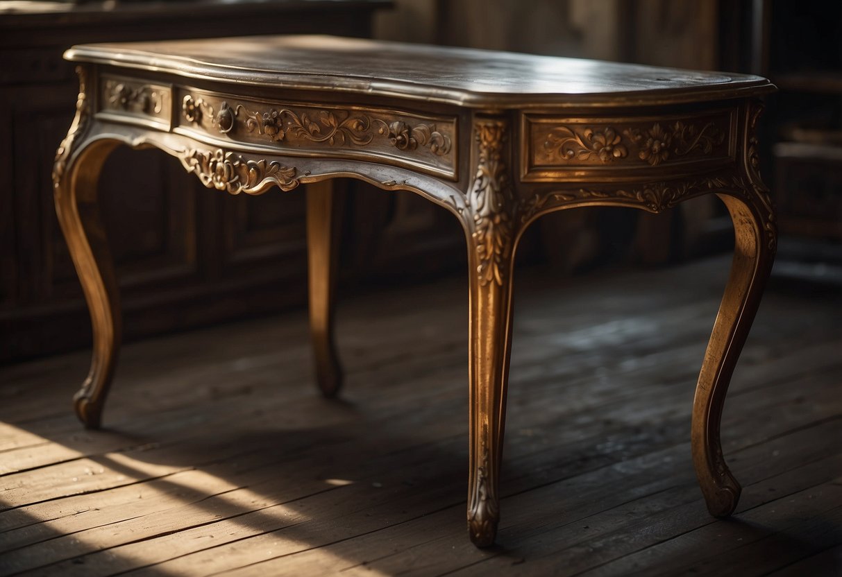 Scene: Worn, chipped furniture sits in a dimly lit room. After restoration, the furniture gleams with a fresh coat of varnish, showcasing its intricate details