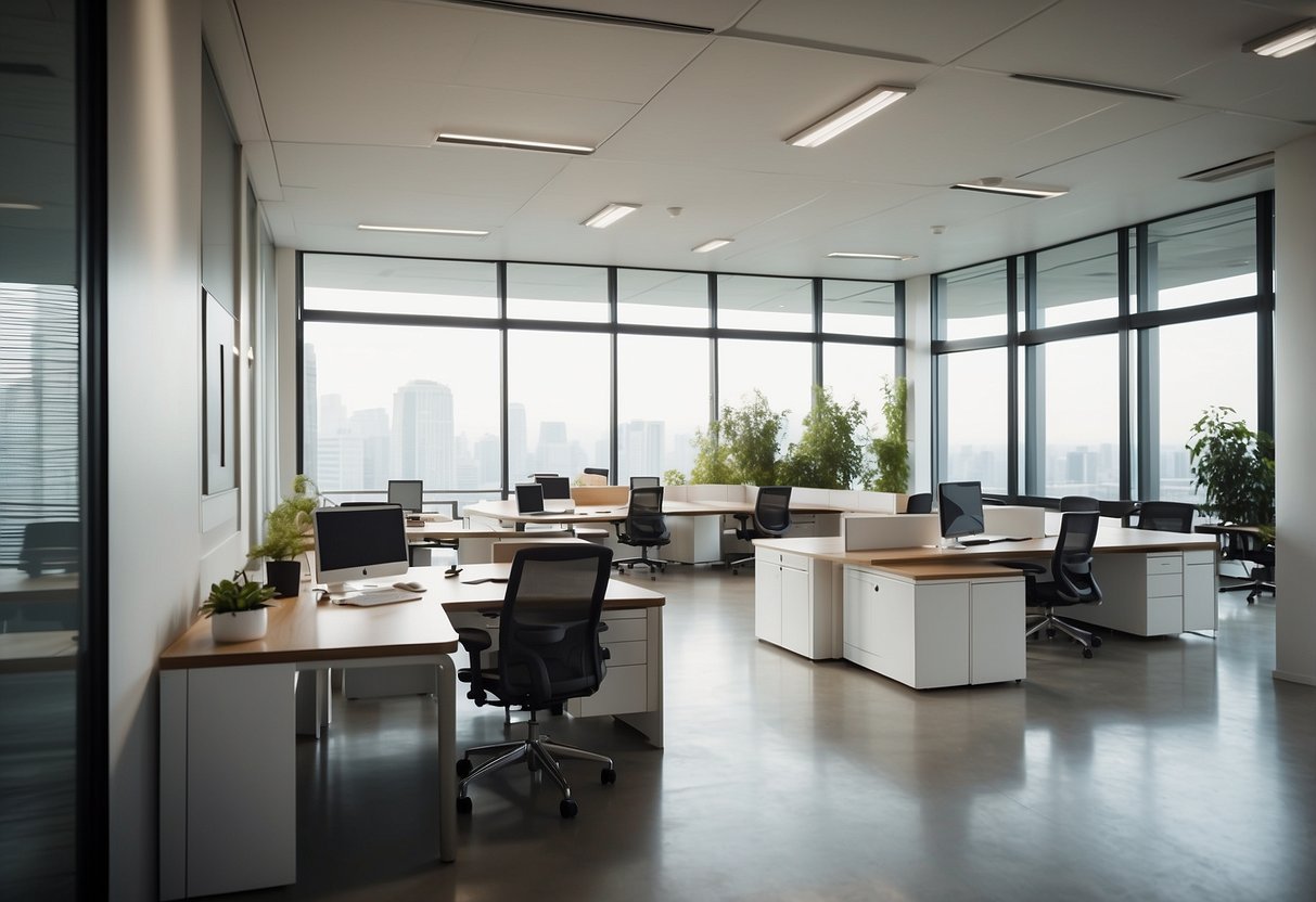 A modern office space with sleek, modular furniture arranged in a collaborative layout. Bright, natural lighting floods the room, highlighting the clean lines and minimalist design of the 2-Connect Furniture Solutions