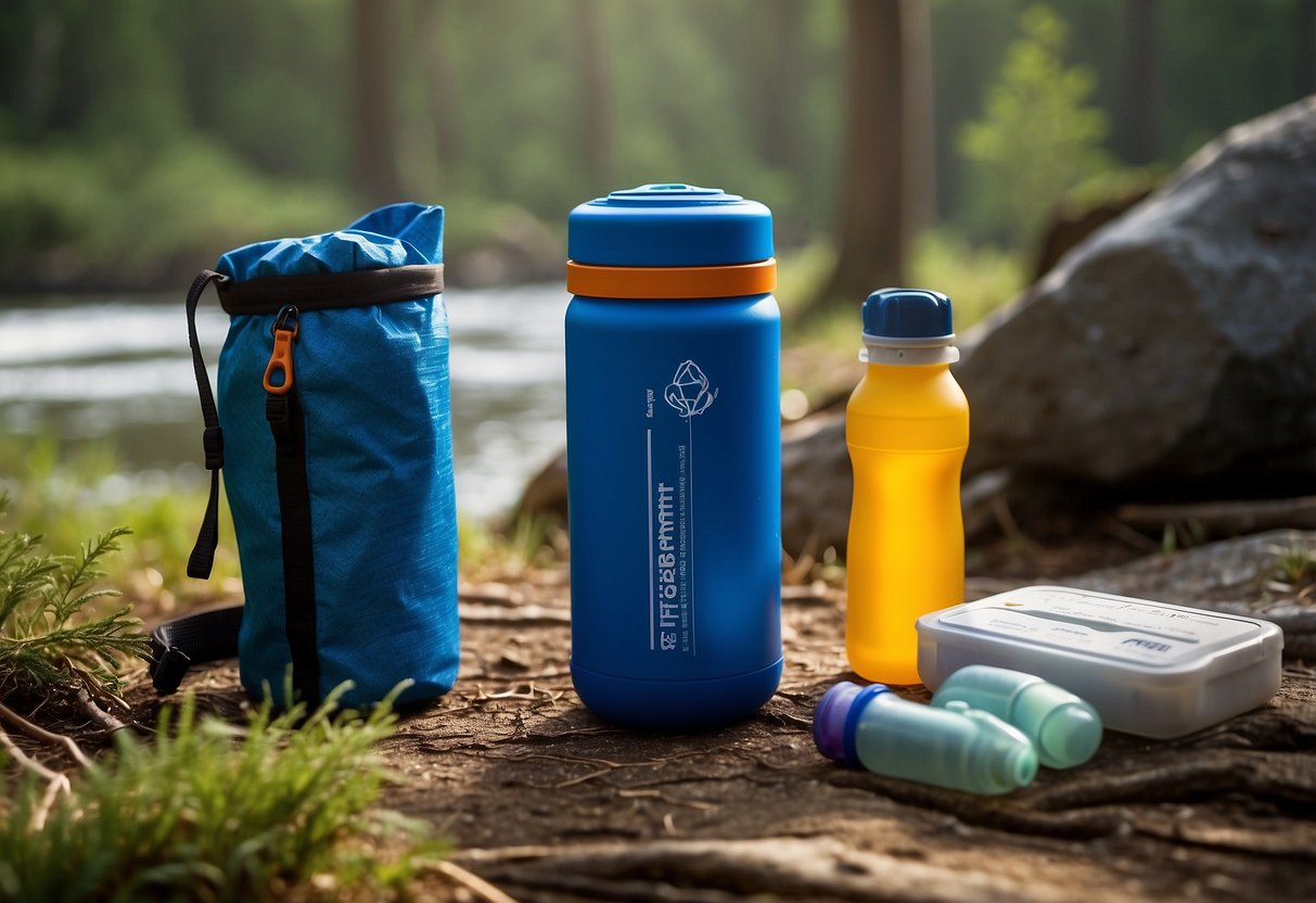 A Lifestraw water filter next to essential first aid items in a camping setting