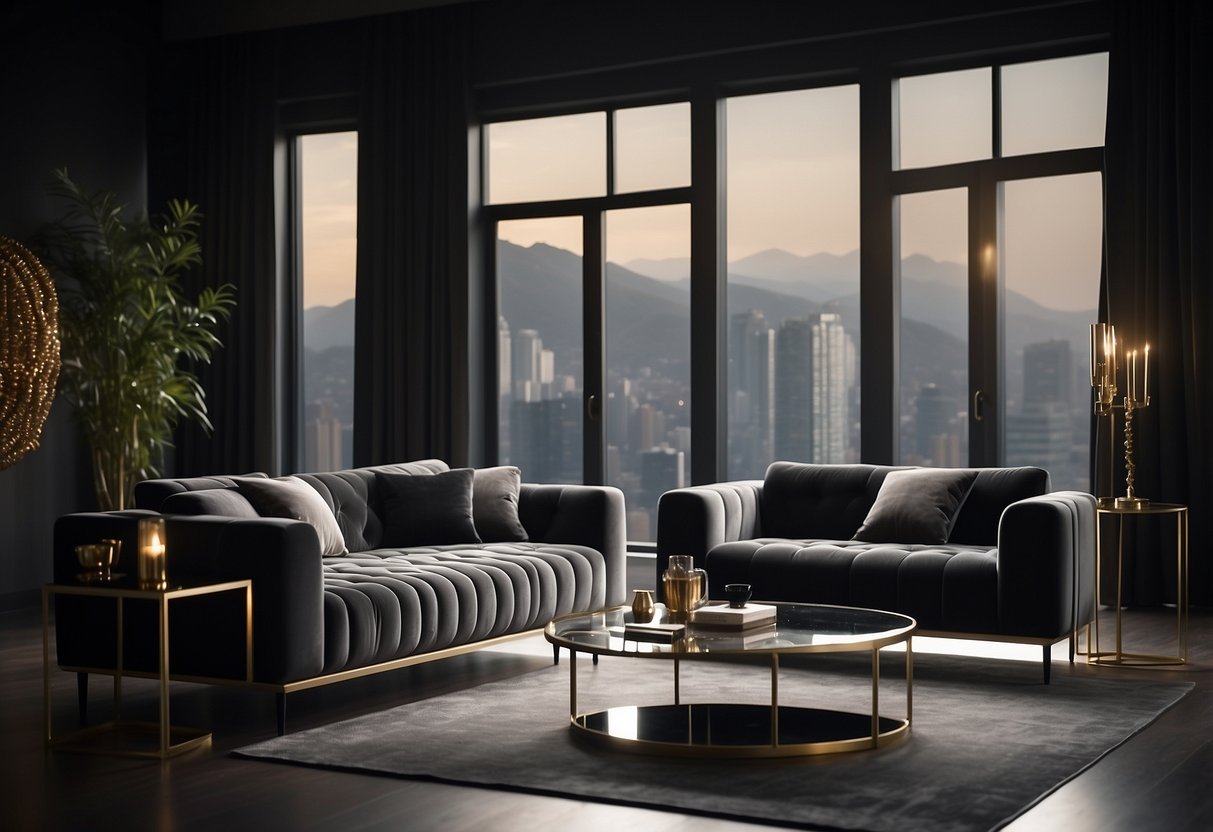 A dimly lit room with sleek, black furniture and metallic accents. A velvet sofa and a glass coffee table create a sophisticated and elegant atmosphere