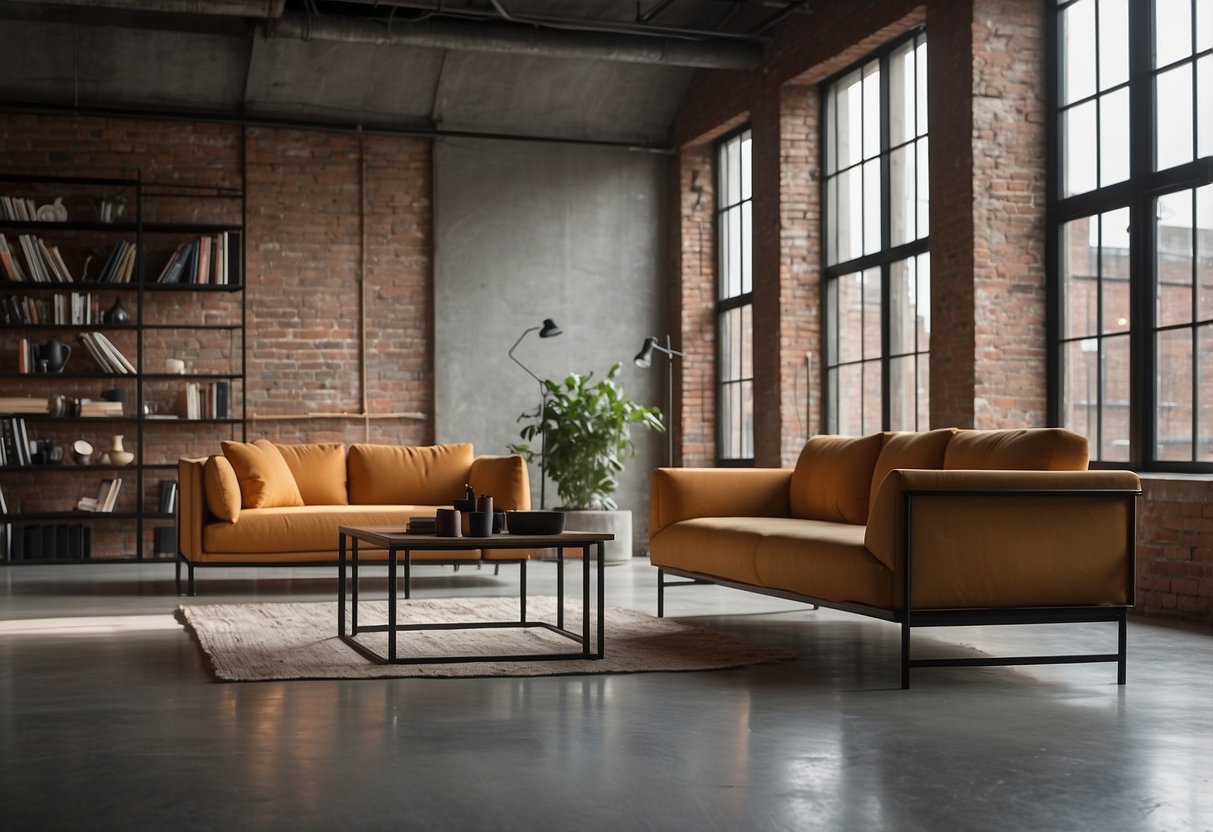 A sleek sofa, metal coffee table, and minimalist bookshelf fill the modern industrial living room. Concrete floors and exposed brick walls complete the urban aesthetic