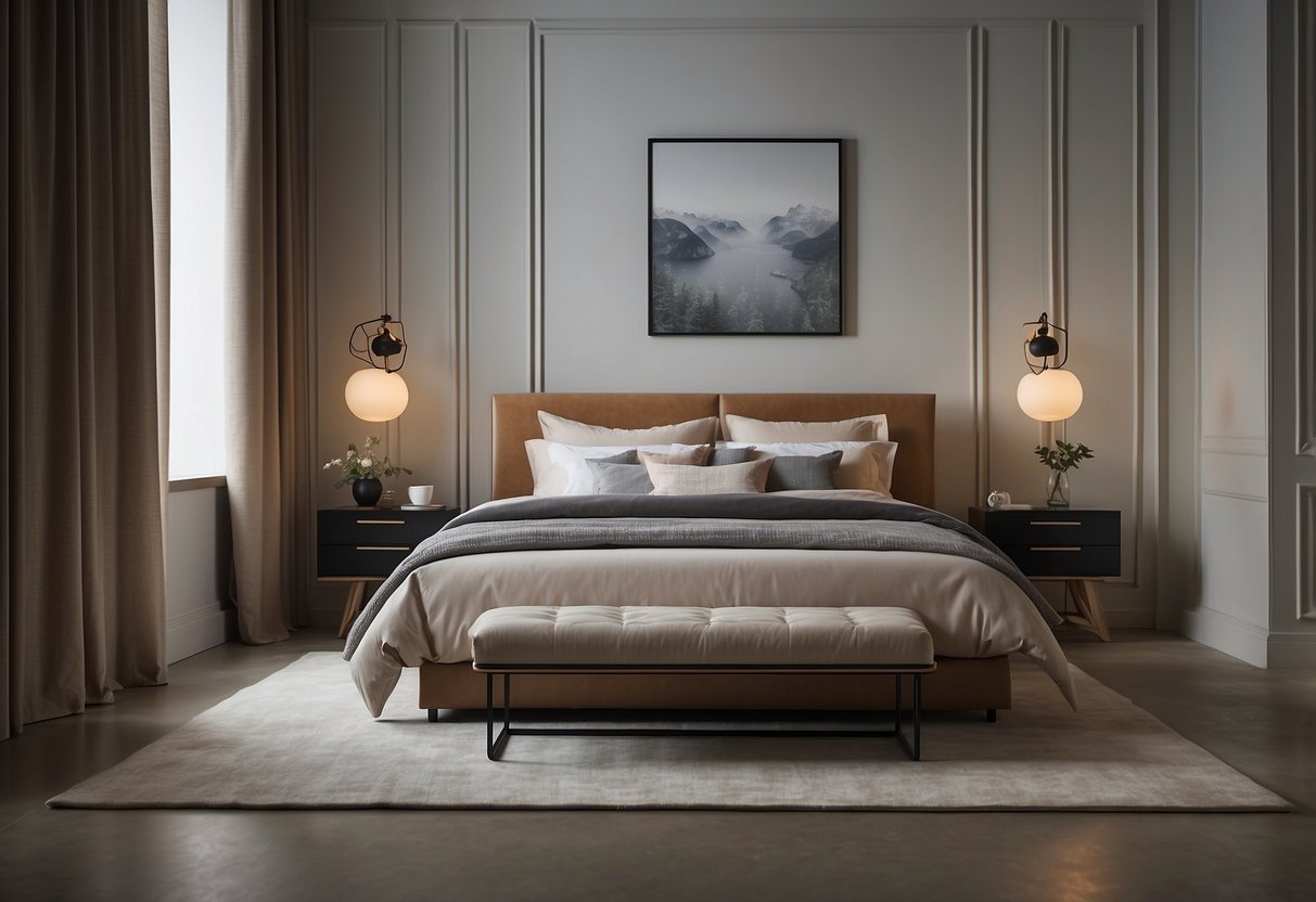 A bed is placed lengthwise against the longest wall, with a small nightstand on each side. A dresser is positioned at the end of the bed, and a slim desk is placed against the opposite wall