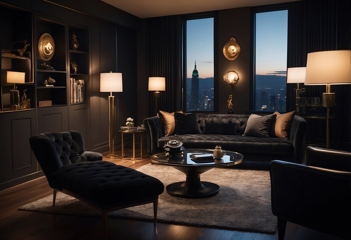 A dimly lit room with sleek, black furniture arranged in a stylish and sophisticated manner. The furniture includes a velvet chaise lounge, a glossy coffee table, and a sleek desk with a vintage telephone
