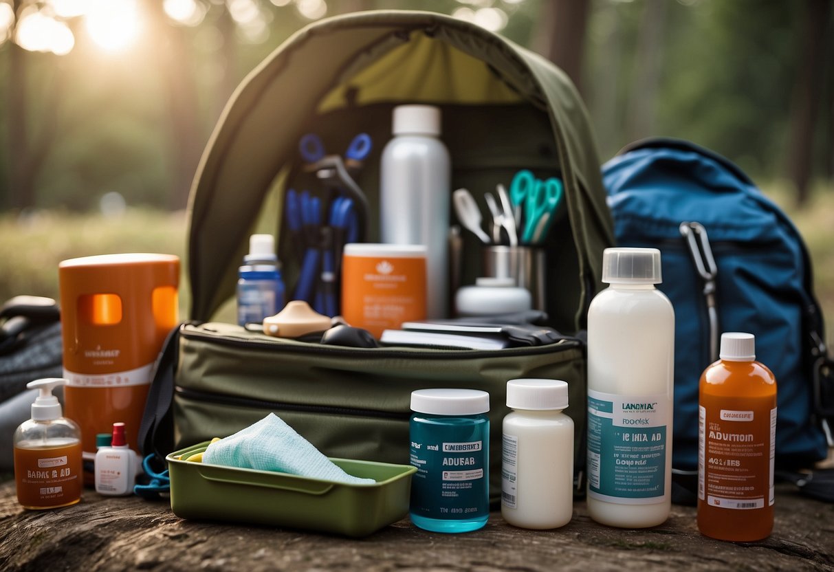 A camping scene with a backpack open, displaying essential first aid items such as bandages, antiseptic wipes, scissors, tweezers, adhesive tape, gloves, pain relievers, and a first aid manual