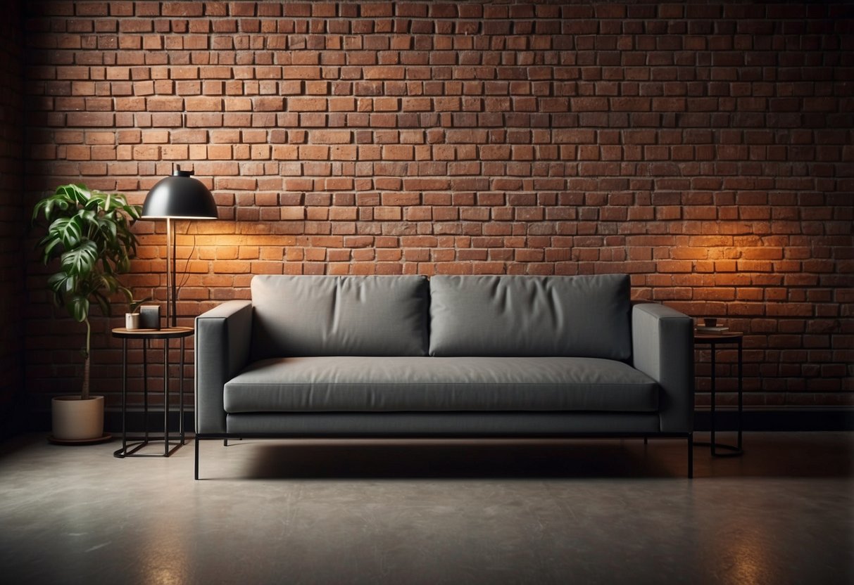 A sleek, metal-framed sofa sits against a brick wall, accented by a minimalist coffee table and industrial-style lighting
