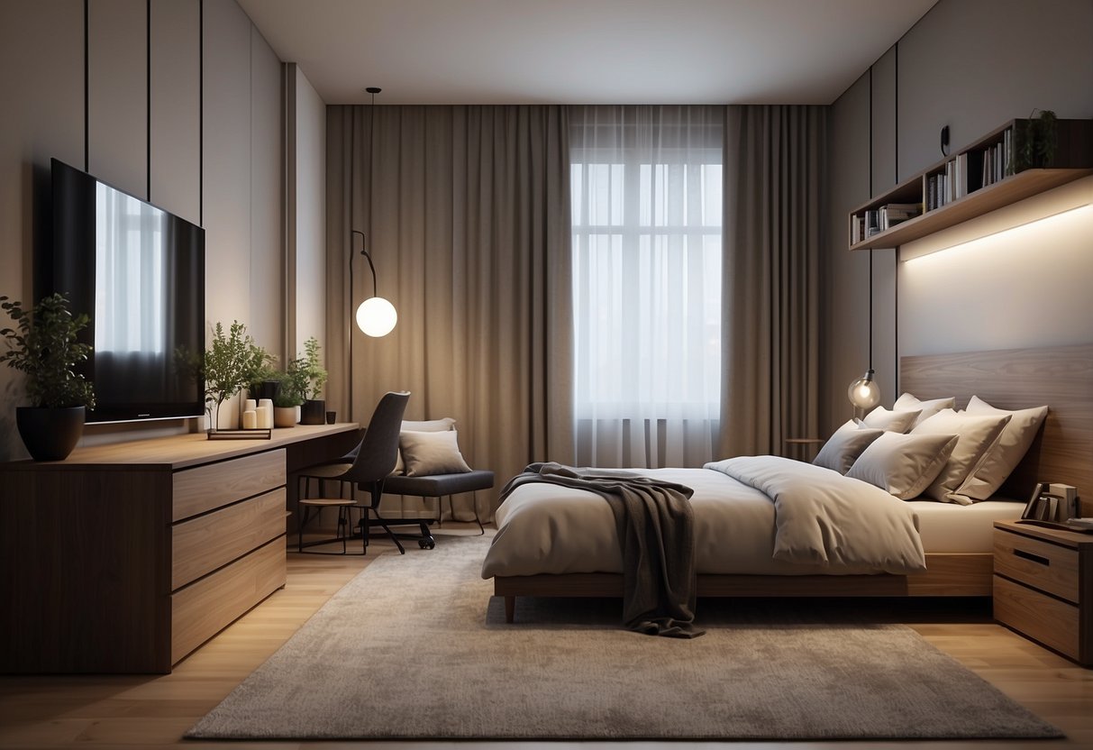 Furniture arranged for comfort and function in a long narrow bedroom