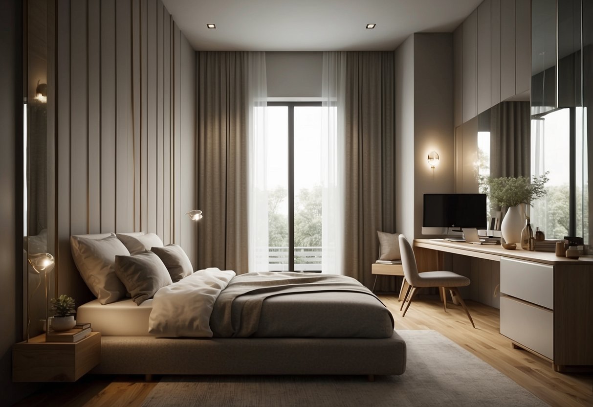 Furniture arranged in a long narrow bedroom with a bed against one wall, a dresser and mirror opposite, and a small seating area near the window