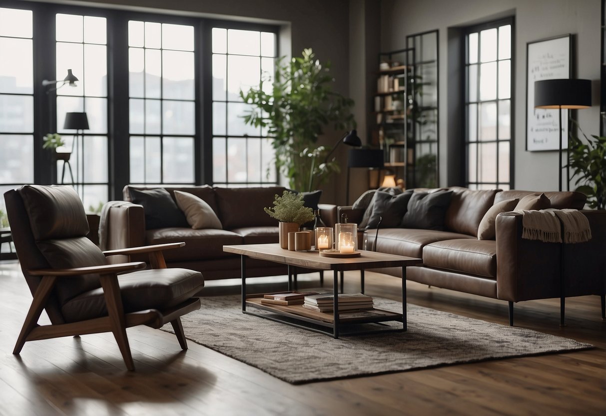 The modern industrial living room features sleek metal and wood furniture, illuminated by warm, soft lighting to create a cozy ambience