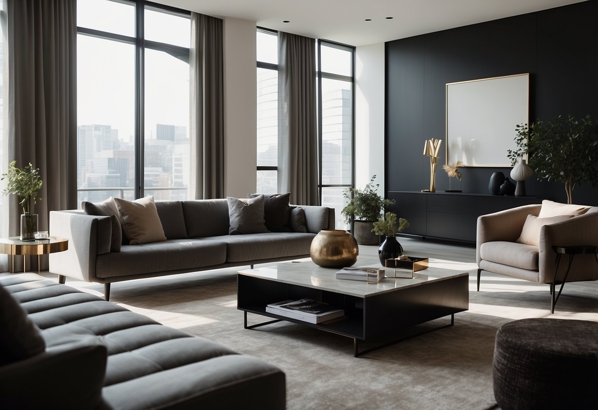 A sleek, minimalist living room with modern luxury furniture and clean lines. A large, plush sofa sits in the center, surrounded by elegant coffee tables and contemporary art pieces on the walls
