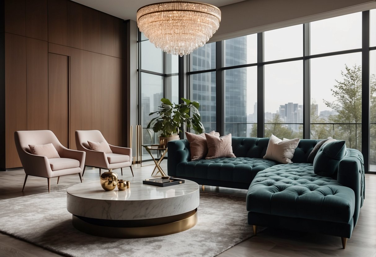 A sleek, minimalist living room with high-end furniture, clean lines, and luxurious materials. A statement chandelier hangs above a marble coffee table, while a plush velvet sofa sits against a backdrop of floor-to-ceiling windows