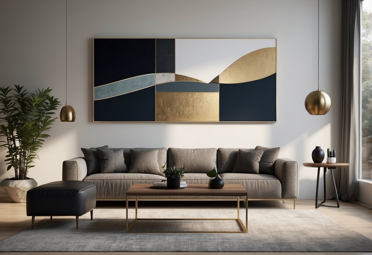 A sleek, minimalist living room with clean lines, metallic accents, and modular furniture. A large, abstract art piece hangs on the wall, and the space is filled with natural light