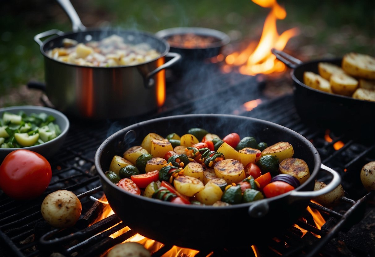 A campfire crackles under a starry sky, surrounded by a variety of cooking utensils and ingredients. A pot of chili simmers, while skewers of grilled veggies and foil-wrapped potatoes cook alongside