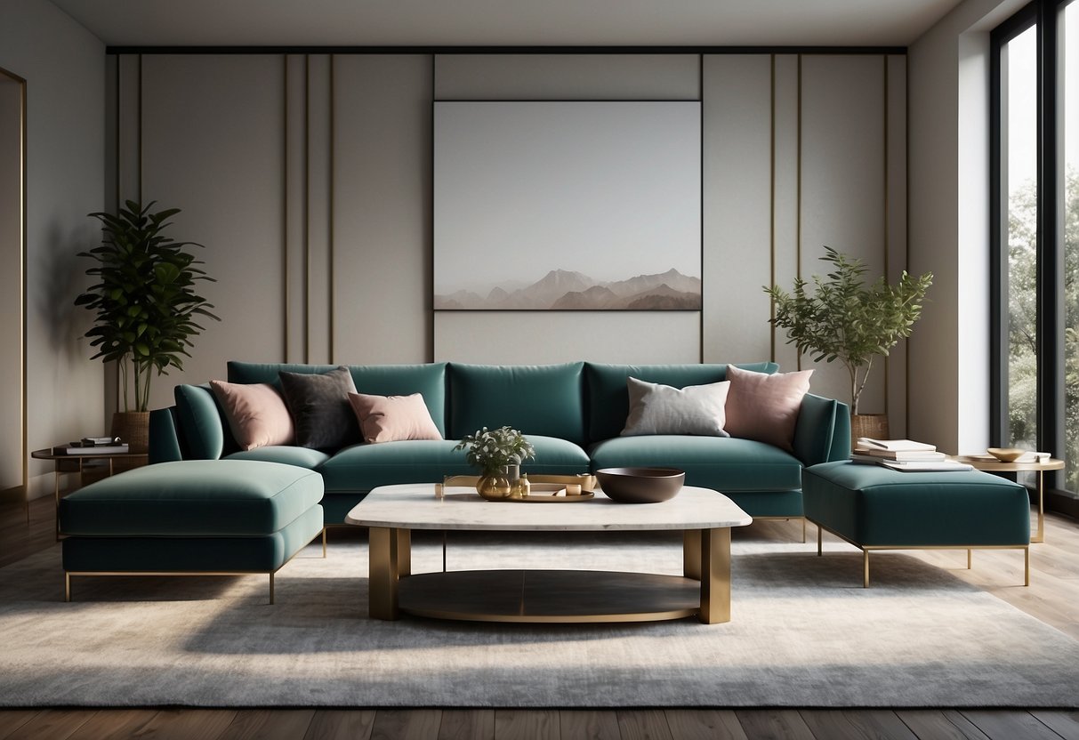A sleek, minimalist living room adorned with modern luxury furniture, featuring clean lines, plush fabrics, and metallic accents