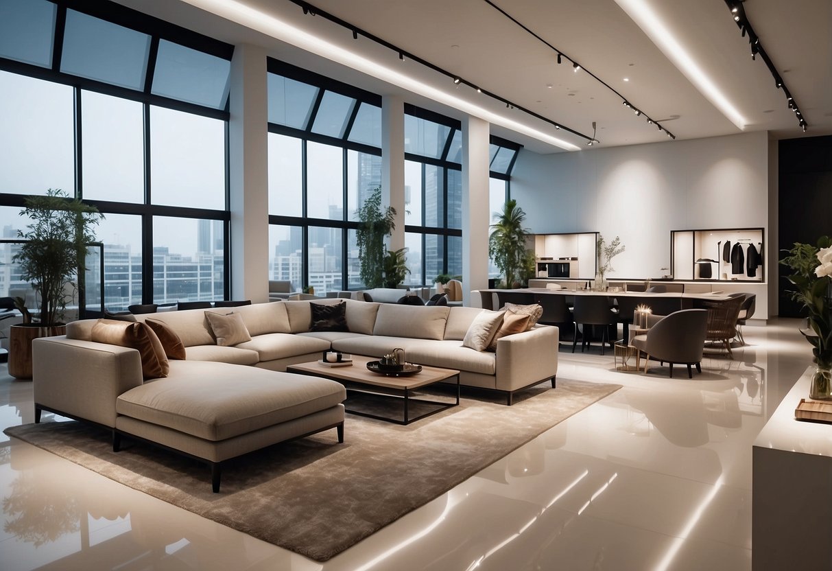 A sleek, minimalist showroom displaying high-end modern furniture with clean lines and luxurious materials. Bright lighting highlights the exquisite details of each piece