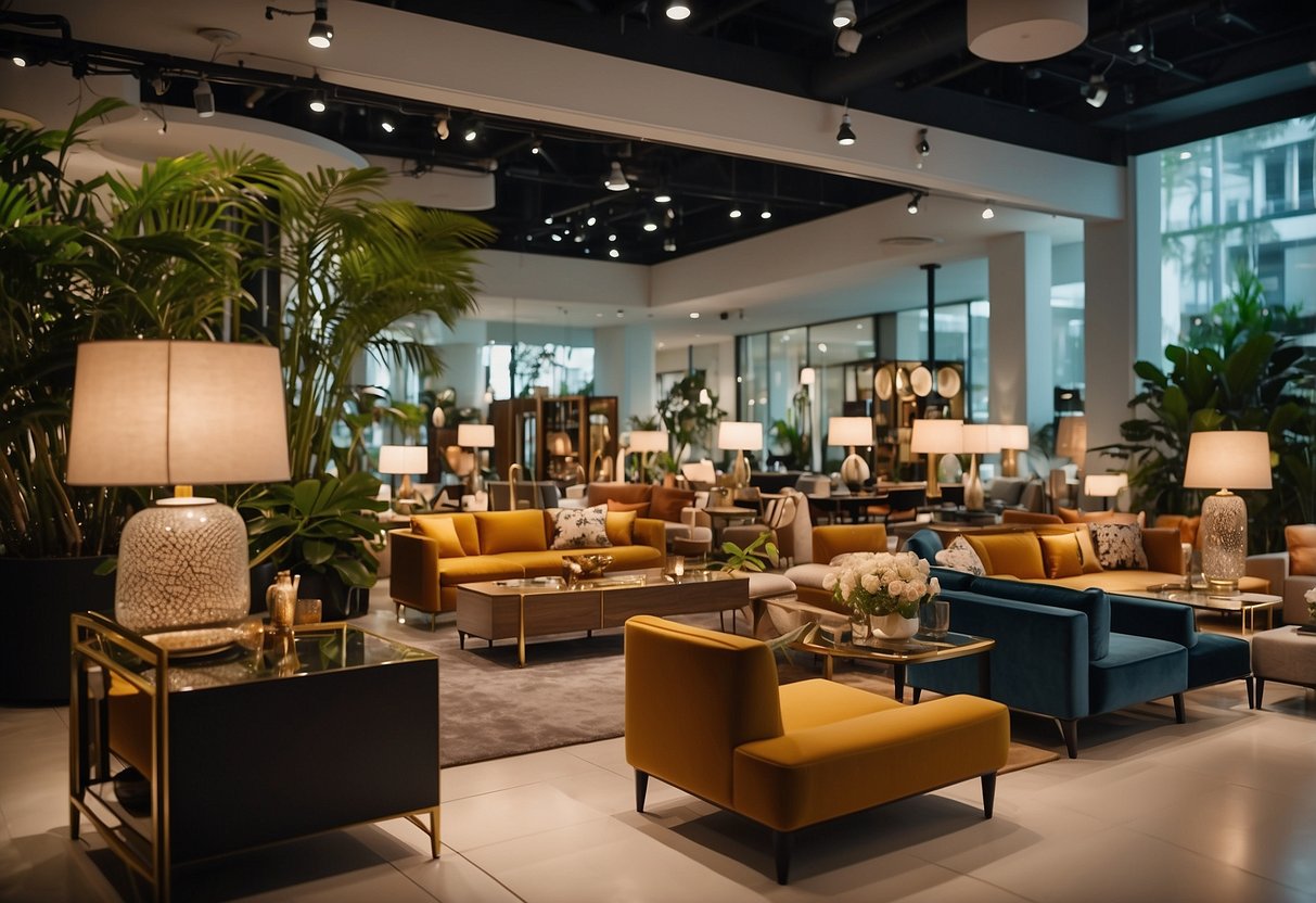 A bustling furniture shop in Singapore, filled with modern and traditional pieces. Bright lighting and vibrant displays showcase the diverse range of home decor