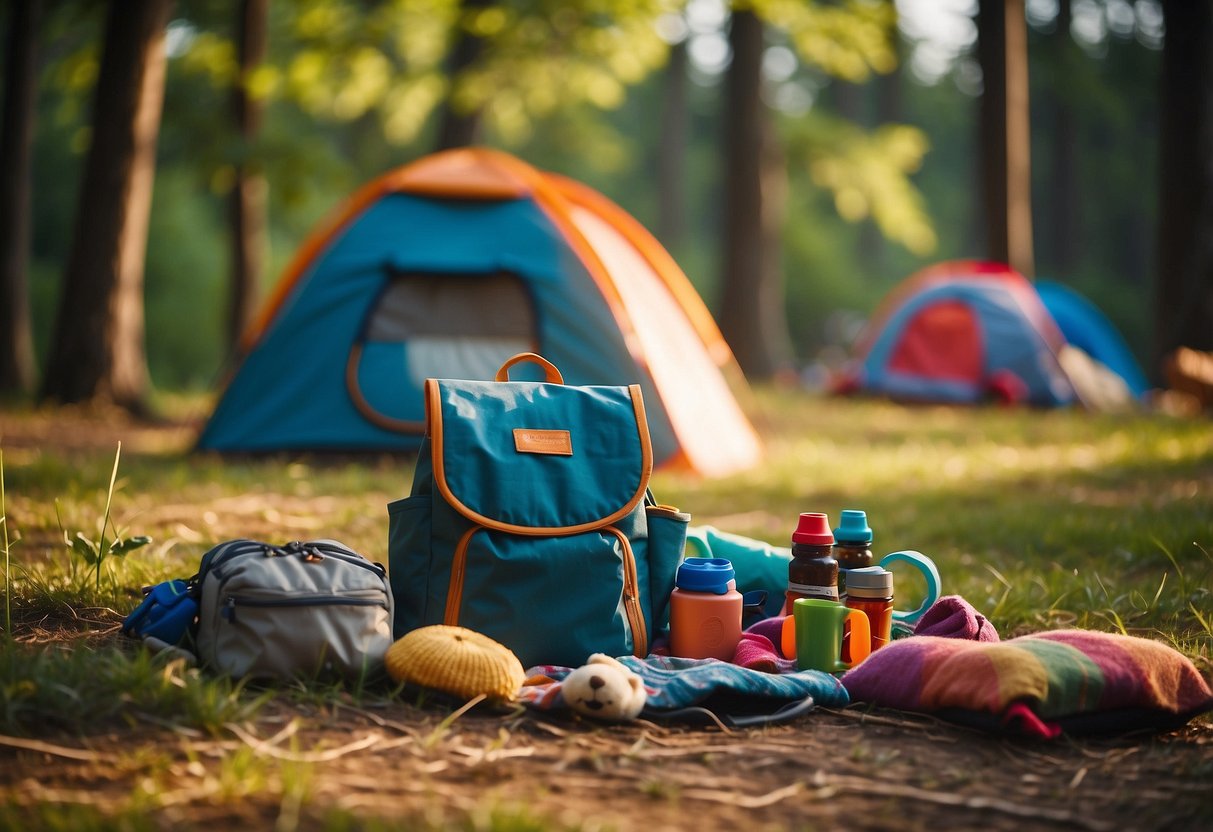 A colorful tent surrounded by nature, with a small campfire, a picnic blanket, and various camping gear scattered around. A toddler's backpack and toys are visible, along with a child-sized camping chair