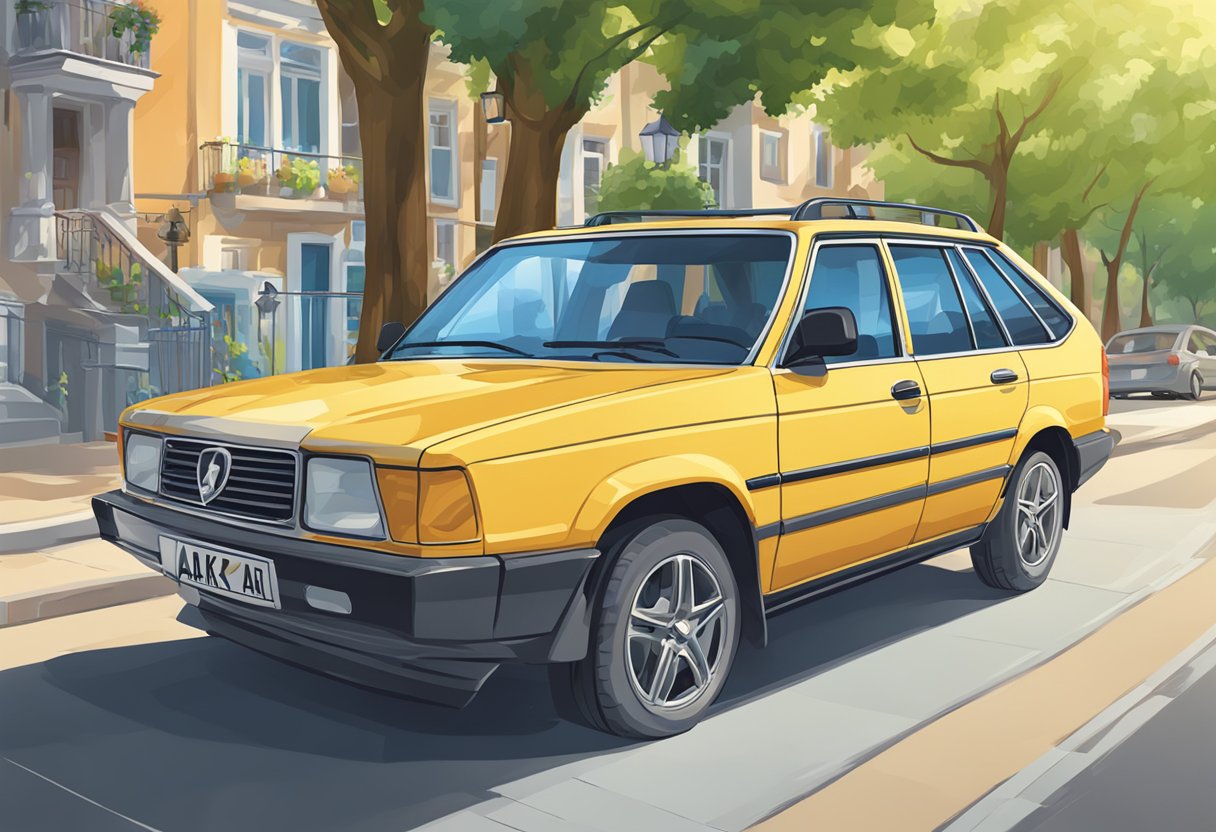 A blue car with the license plate "kennzeichen ak" parked in a quiet, tree-lined street on a sunny day