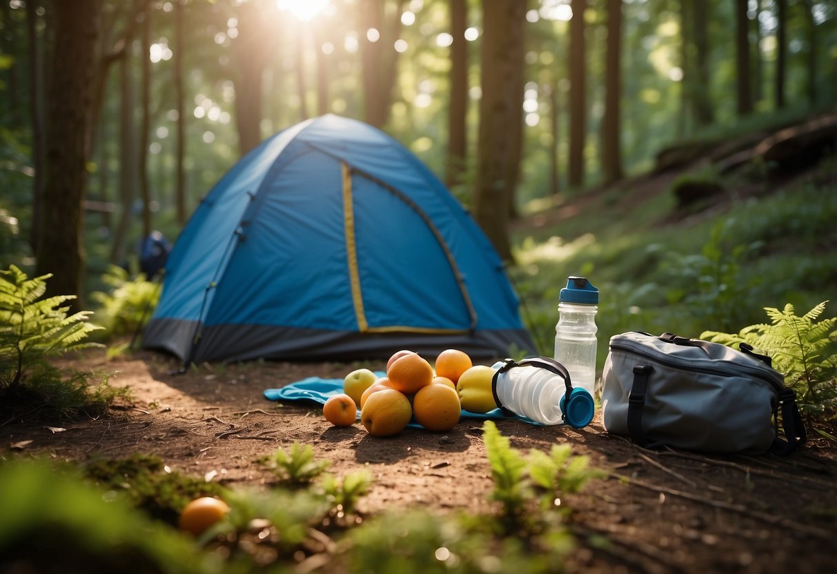 A colorful backpack filled with fruits, granola bars, and water bottles sits next to a small tent in a lush forest clearing. The sun is shining, and birds are chirping in the background