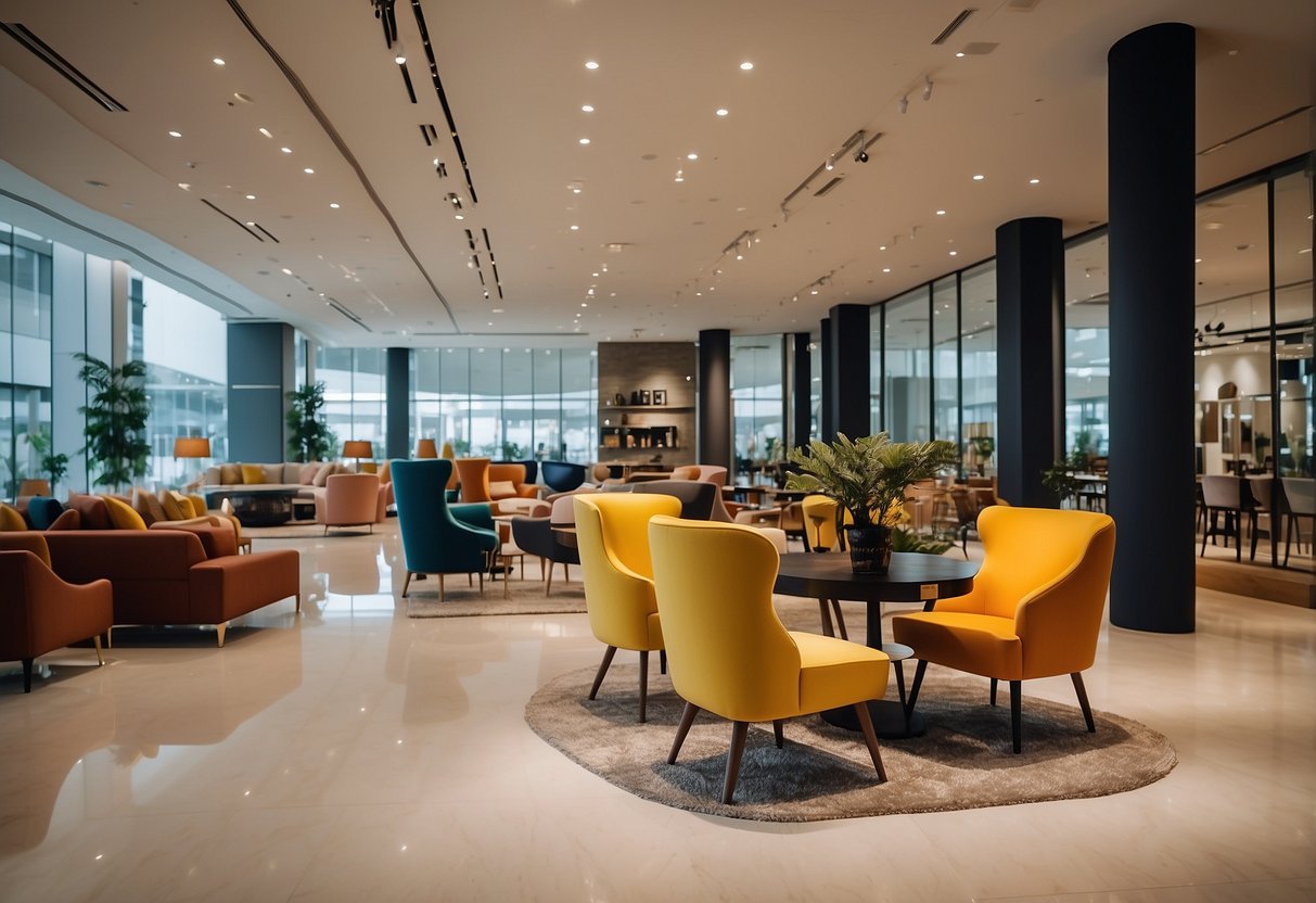 A modern furniture showroom at Novena Suntec, with sleek designs and vibrant colors displayed in a spacious, well-lit setting