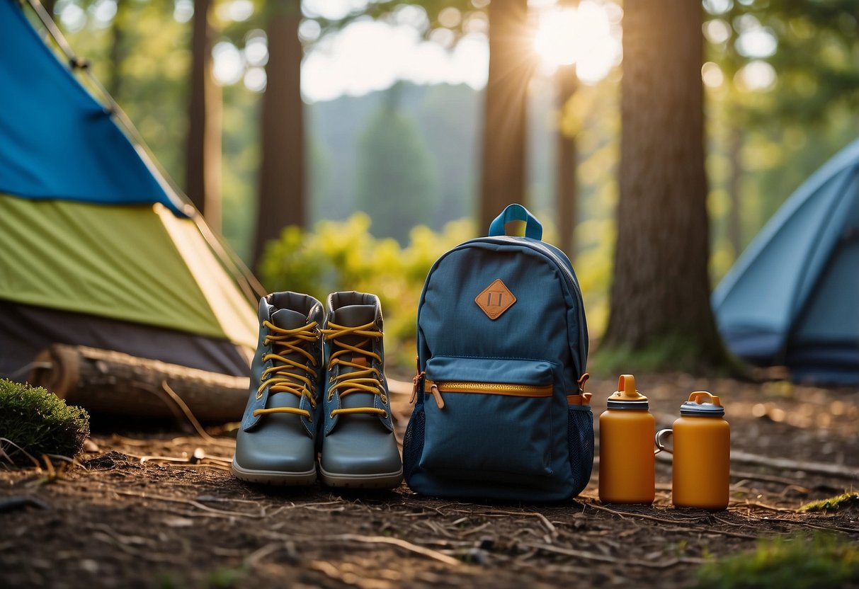 A toddler backpack leash hangs from a tree, with a camping tent and campfire in the background. A small backpack and a pair of toddler shoes are placed nearby