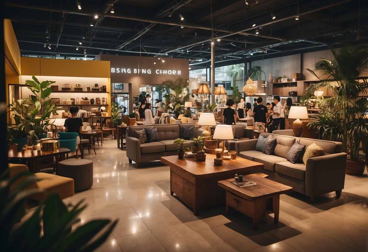 The bustling barang barang furniture shop in Singapore, with customers browsing and staff assisting, creating a vibrant and welcoming customer experience
