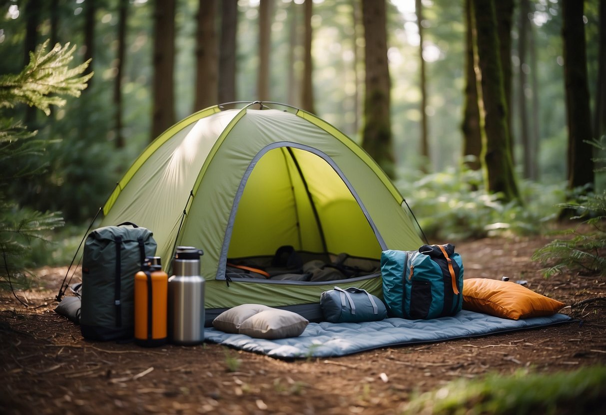 A tent pitched in a forest clearing, surrounded by camping gear and supplies. A toddler-sized sleeping bag and small backpack sit ready for adventure