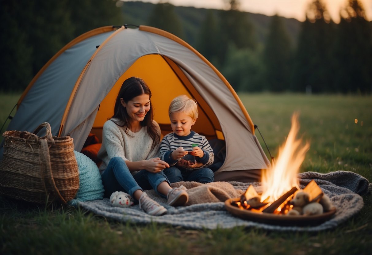 A cozy tent with toys and blankets, surrounded by nature. A small campfire with marshmallows roasting. A parent reading a bedtime story to a toddler