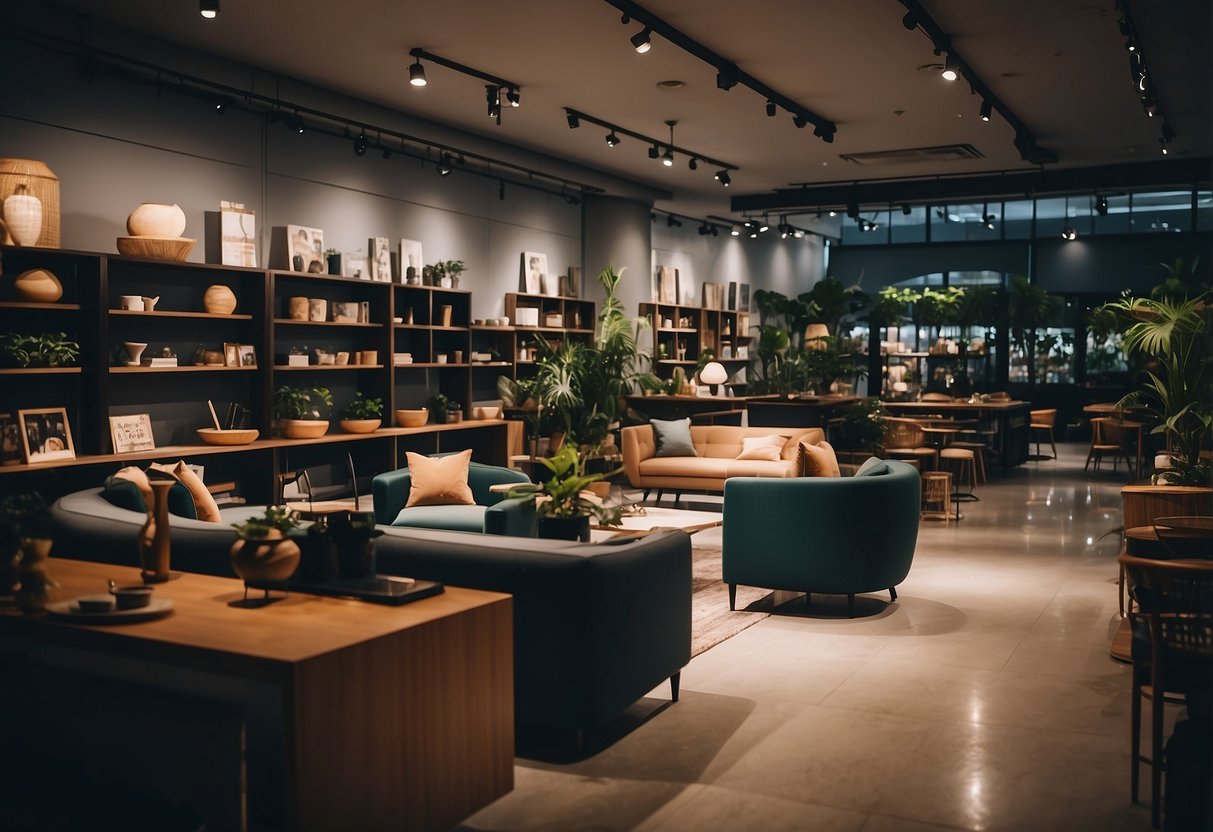 A bustling furniture shop in Singapore, with customers browsing and staff assisting. Shelves are filled with stylish home decor and furniture pieces. The shop has a modern and inviting atmosphere