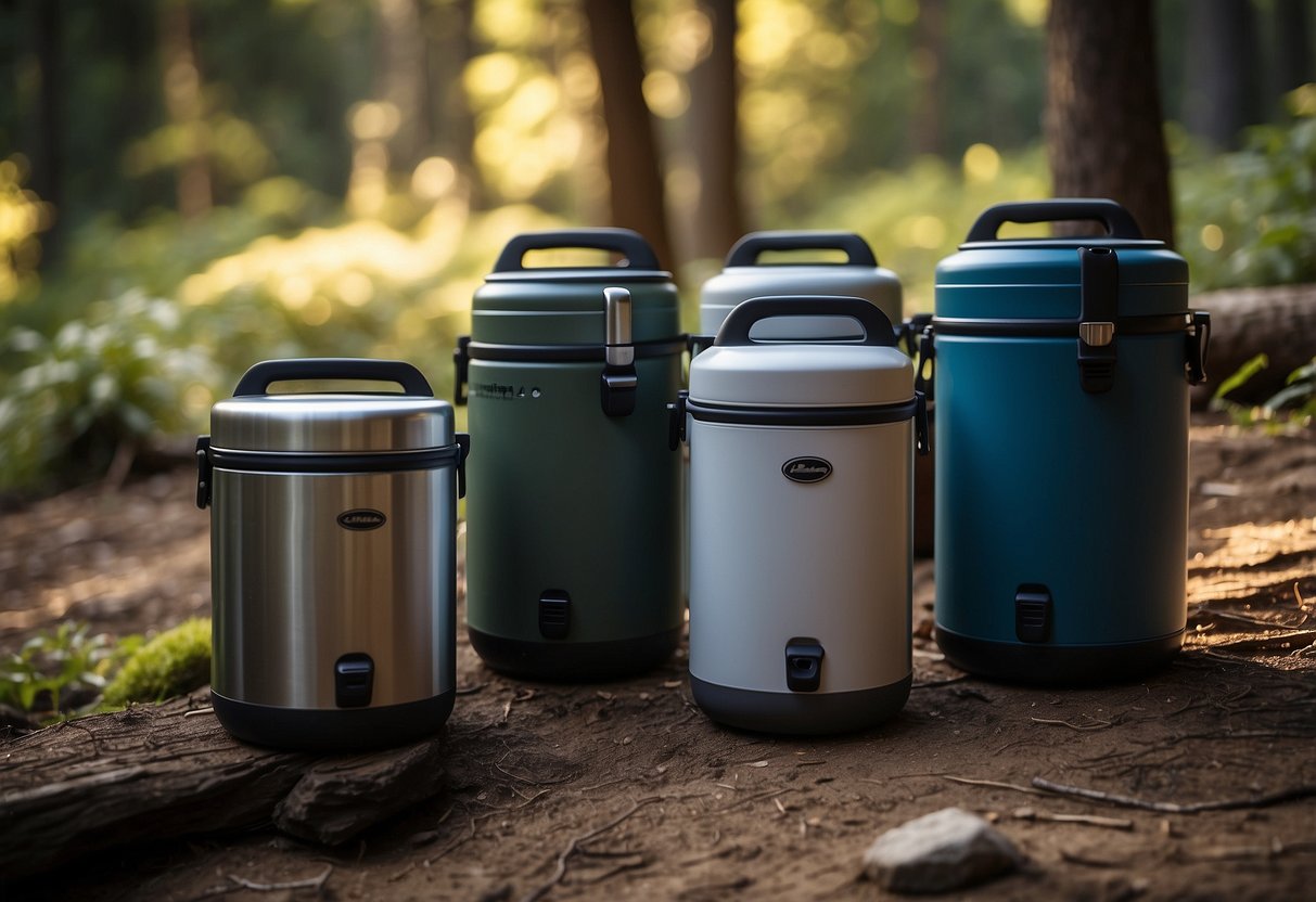 A group of 5 durable camping coolers arranged in a natural outdoor setting, surrounded by camping gear and a crackling campfire