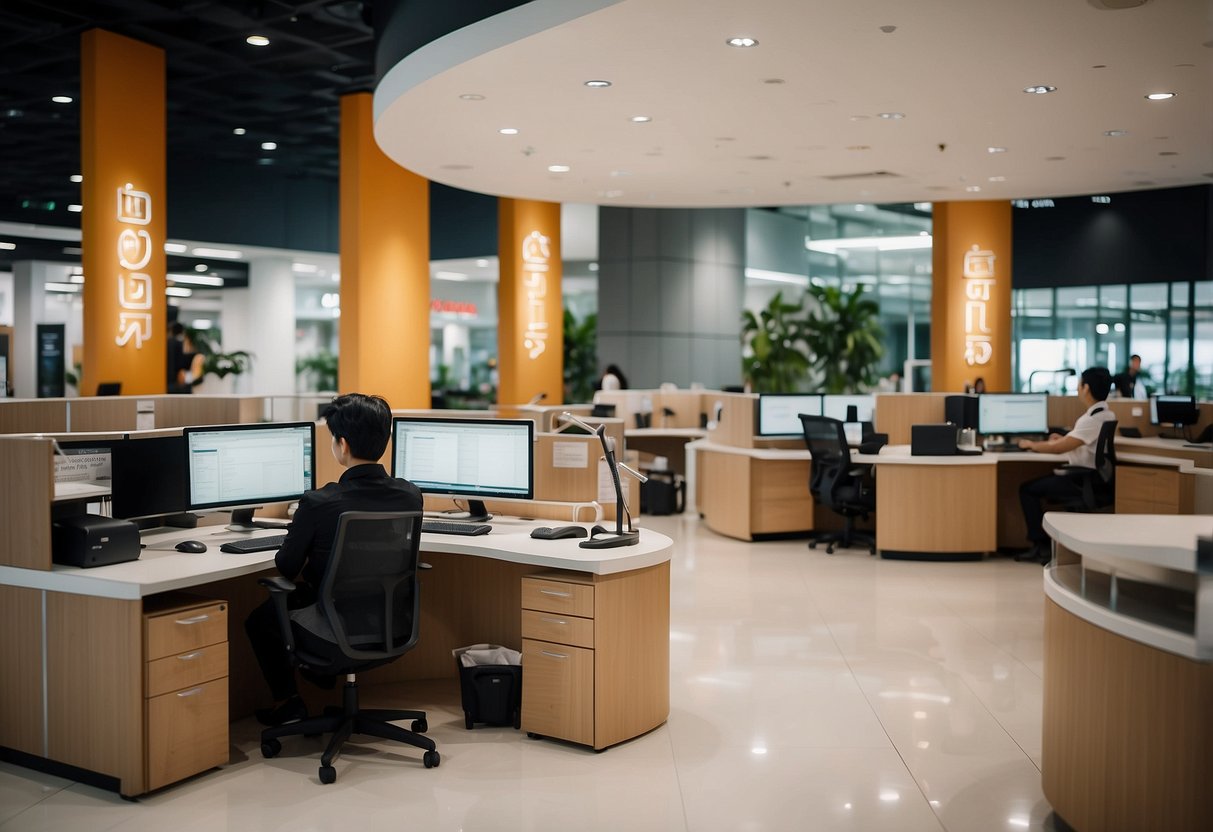 A busy customer care and service desk at Novena Furniture in Suntec, with staff assisting customers and managing inquiries