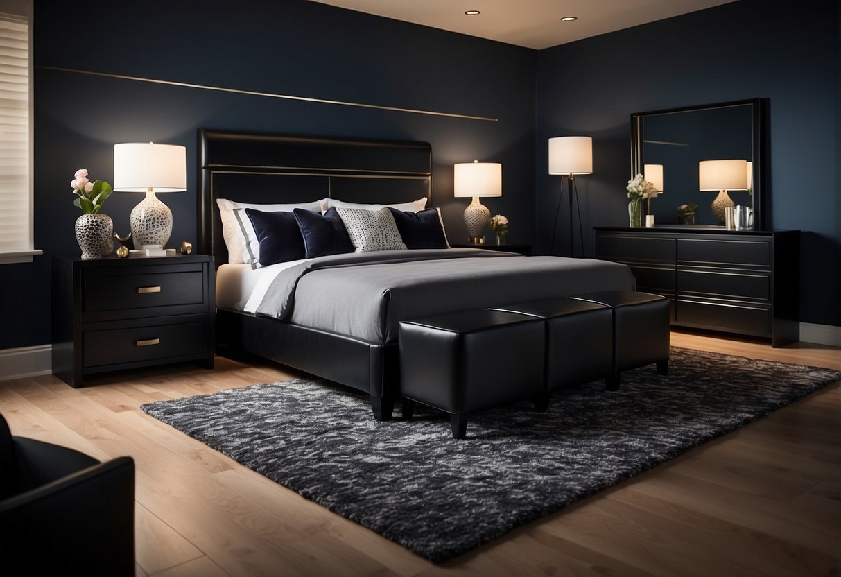 A bedroom with black furniture, including a sleek bed, matching nightstands, and a modern dresser. The walls are painted a deep, rich color, and the room is illuminated by soft, ambient lighting