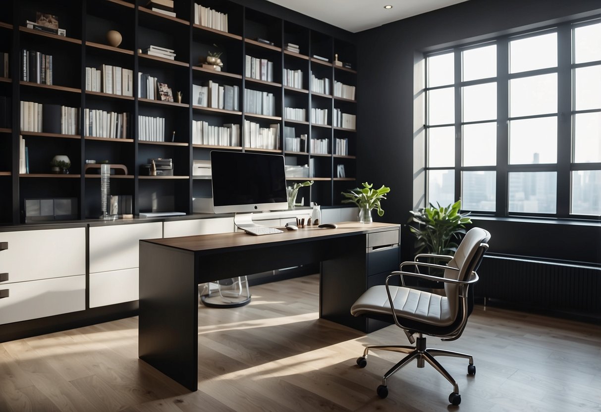 A sleek, minimalist desk with a high-backed ergonomic chair, surrounded by modern filing cabinets and a modular shelving system. The room is bathed in natural light from floor-to-ceiling windows