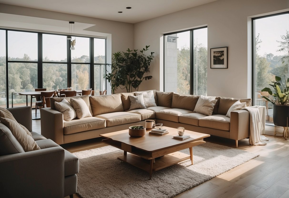 A bright, modern living room with sleek furniture and a laptop open to a popular online furniture store