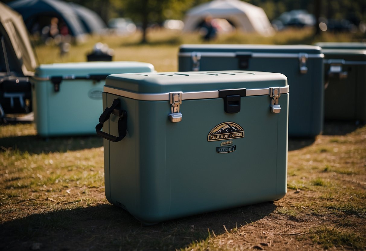 A campsite with 5 different coolers displayed, each showcasing their unique features and benefits for camping