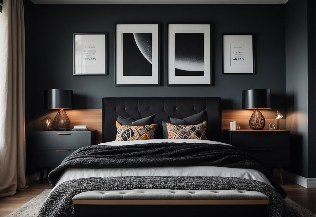 A bedroom with black furniture adorned with decorative pillows, throw blankets, and wall art for added visual interest